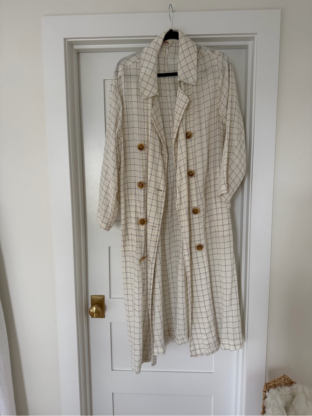 Free People Cream Windowpane Trench with Brown Buttons - Picture 2 of 6